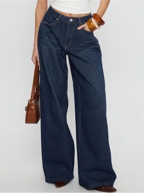 Princess Polly Dark Wash Mid Rise Wide Leg Jeans Size 2